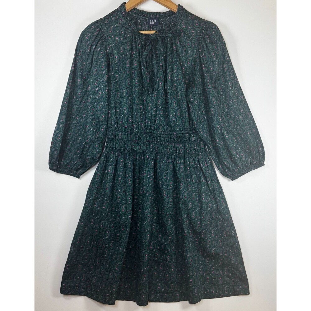 GAP Dress Extra Small Green Pink Floral Cotton Smocked Waist‎ Cottagecore Boho